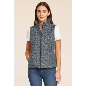 Christopher Banks Quilted Floral Vest Women XL Navy White Stand Collar Pockets